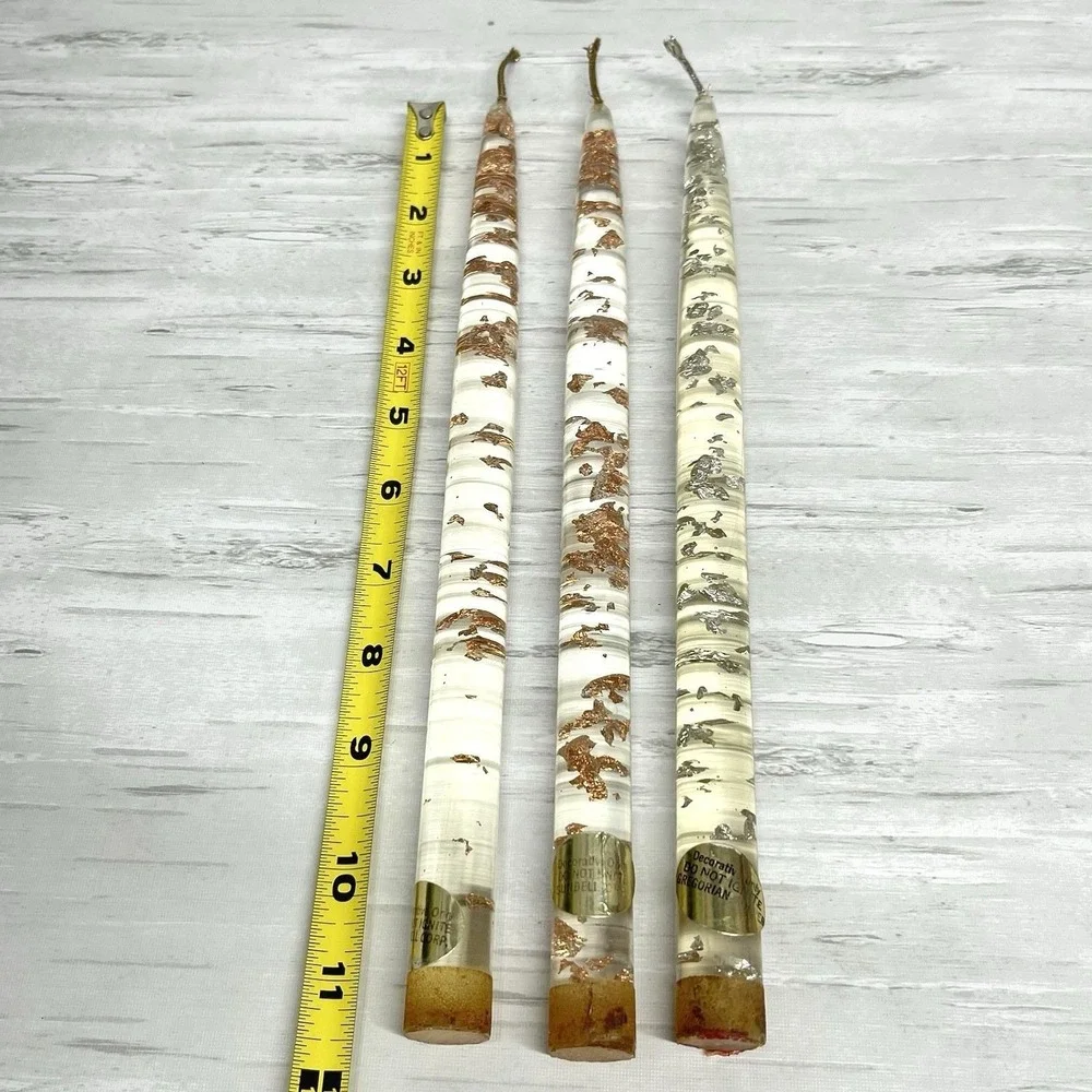 Set Of 3 Vintage Mid Century Lucite Taper Candles Metallic Copper Silver Flakes - Picture 9 of 9